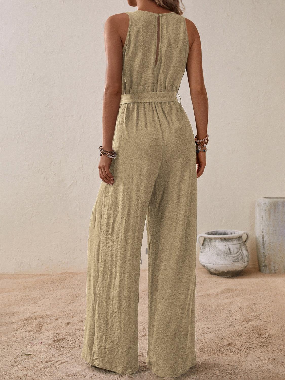 Honey Tied Surplice Sleeveless Wide Leg Jumpsuit - ClubOn