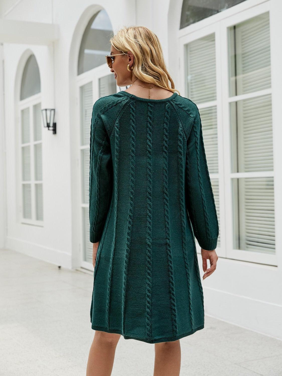 Cable-Knit Long Sleeve Sweater Dress - ClubOn