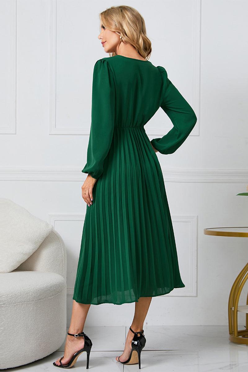 V-Neck Long Sleeve Tie Waist Midi Dress - ClubOn