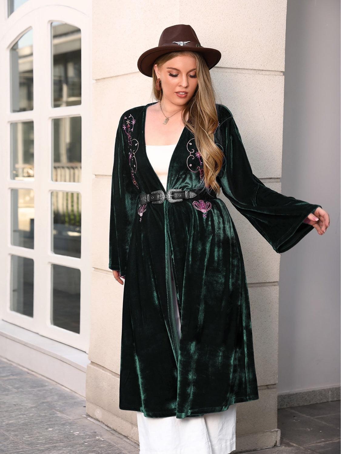 Plus Size Printed Open Front Long Sleeve Cardigan - ClubOn