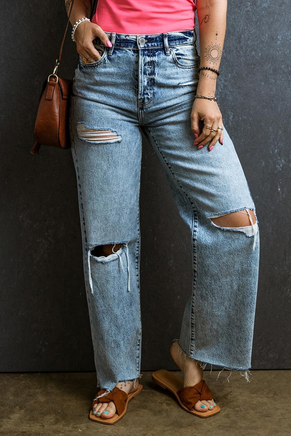 Distressed Raw Hem Straight Jeans - ClubOn