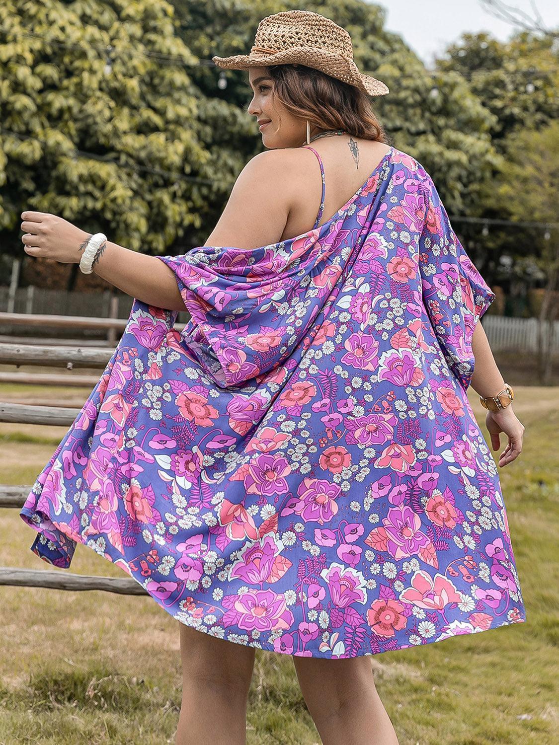 Plus Size Printed Cami, Open Front Cover Up and Shorts Set - ClubOn
