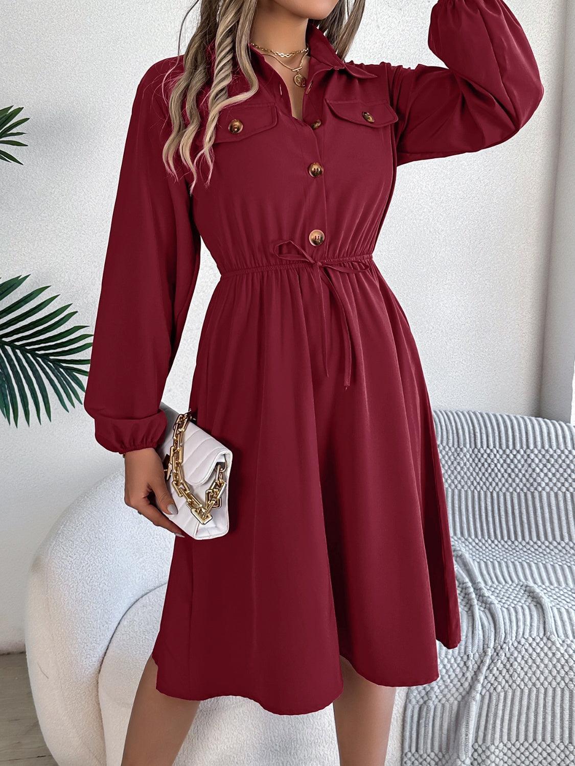 Collared Neck Long Sleeve Dress with Pockets - ClubOn