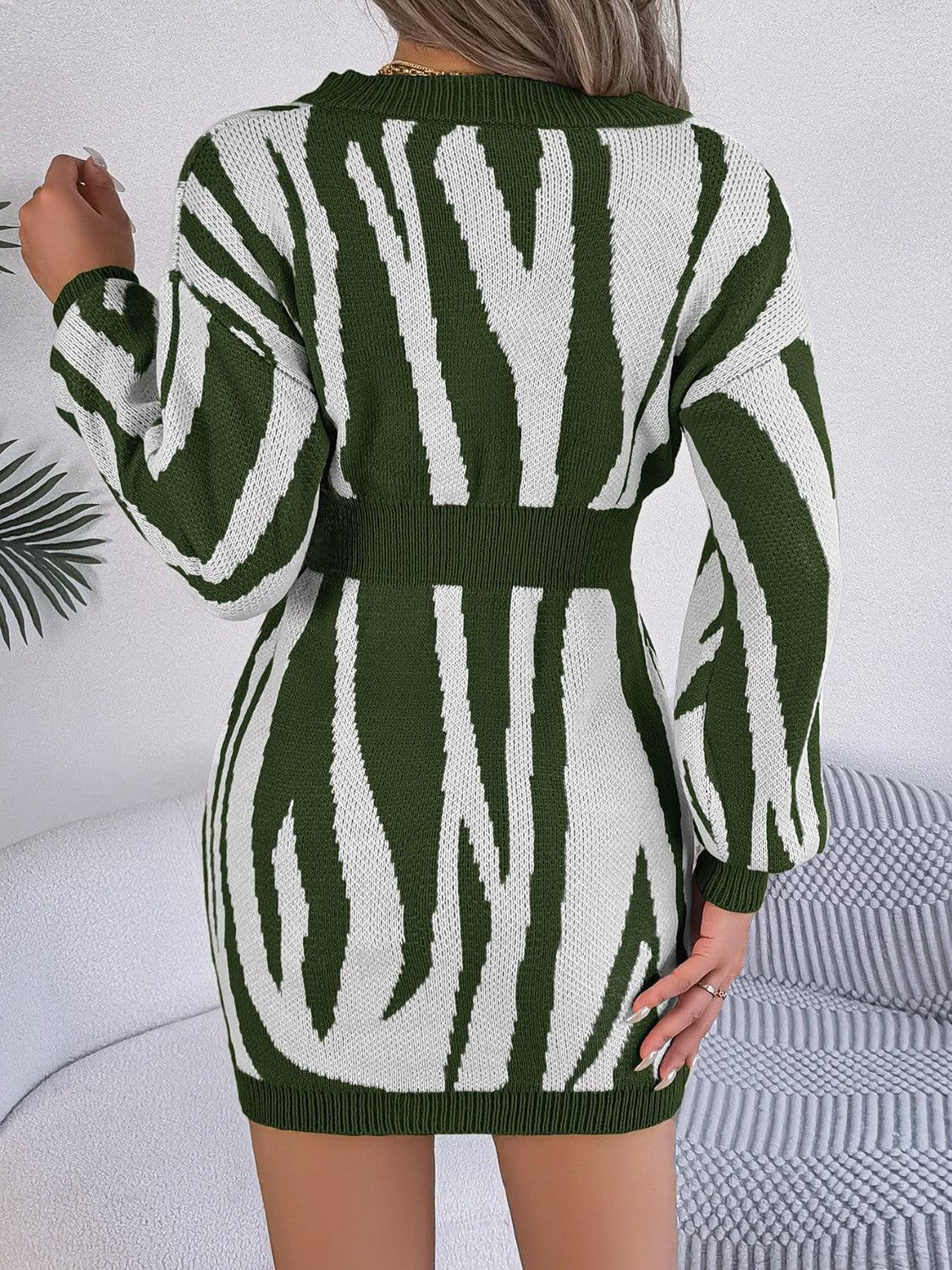 Animal Print V-Neck Long Sleeve Sweater Dress - ClubOn