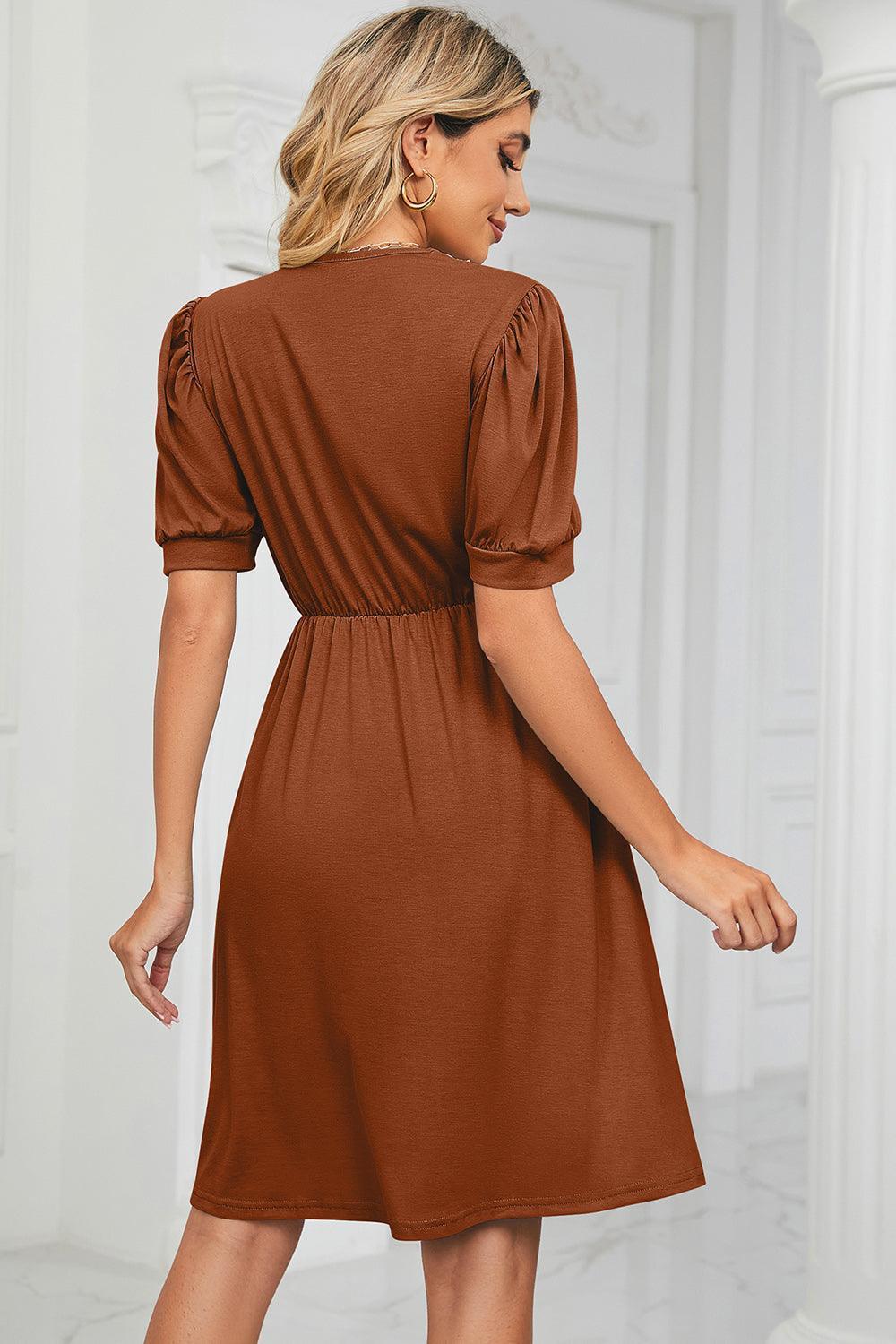 V-Neck Puff Sleeve Dress - ClubOn