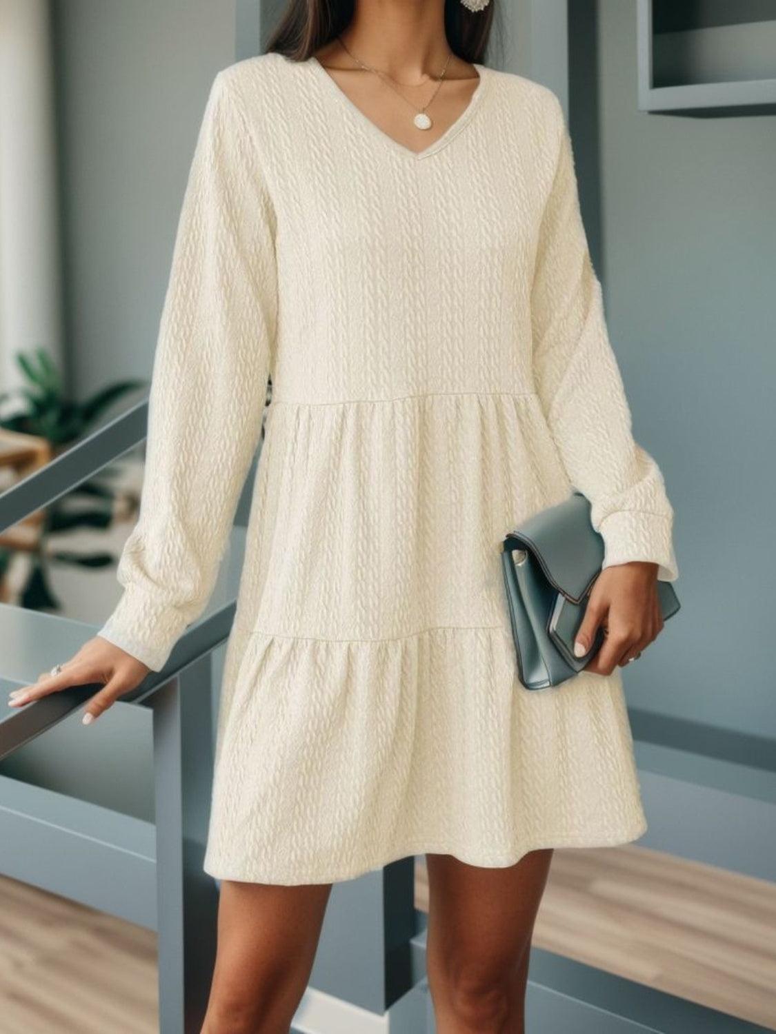 V-Neck Long Sleeve Mini Dress - ClubOn