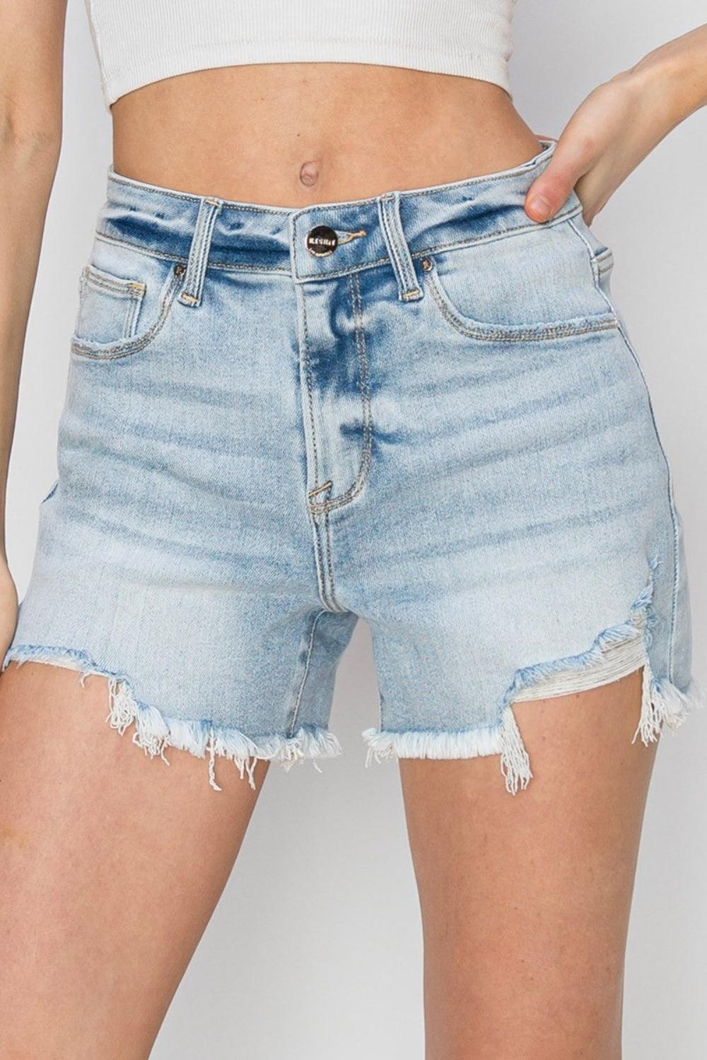 RISEN High Waist Frayed Detail Denim Shorts - ClubOn