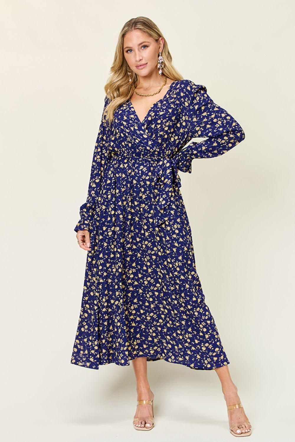 Double Take Full Size Tie Back Flounce Sleeve Dress - ClubOn