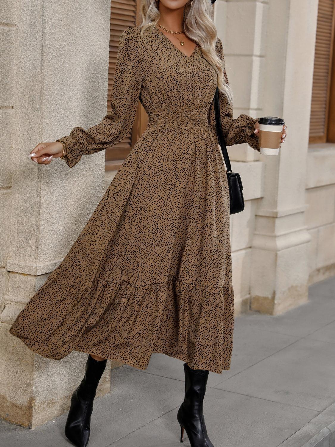 V-Neck Flounce Sleeve Ruffle Hem Dress - ClubOn