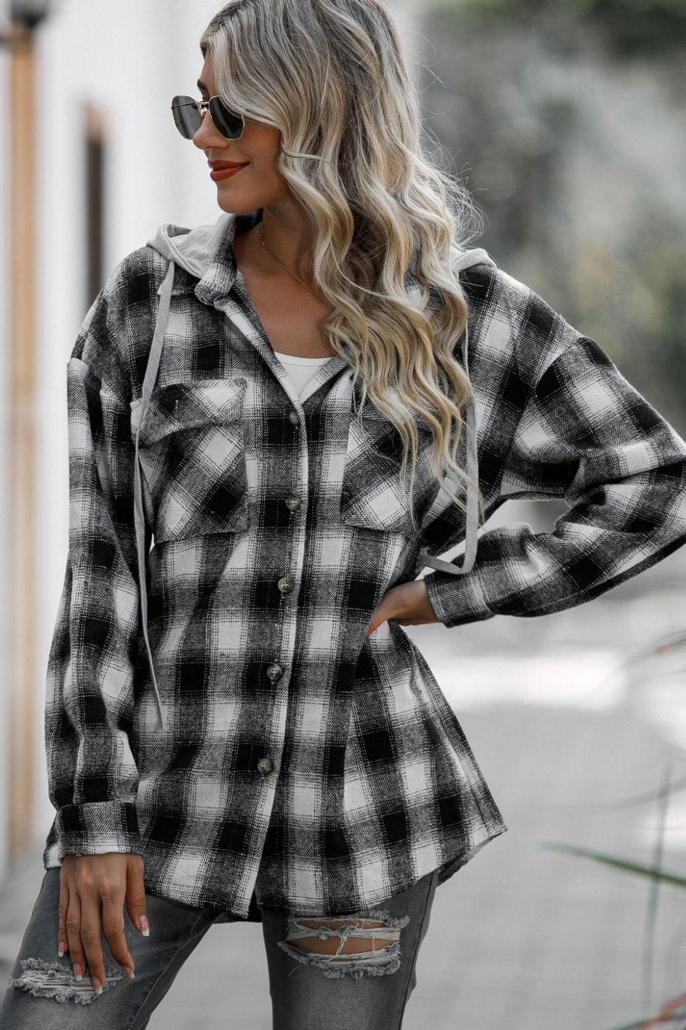 Double Take Drawstring Plaid Long Sleeve Hooded Shacket - ClubOn