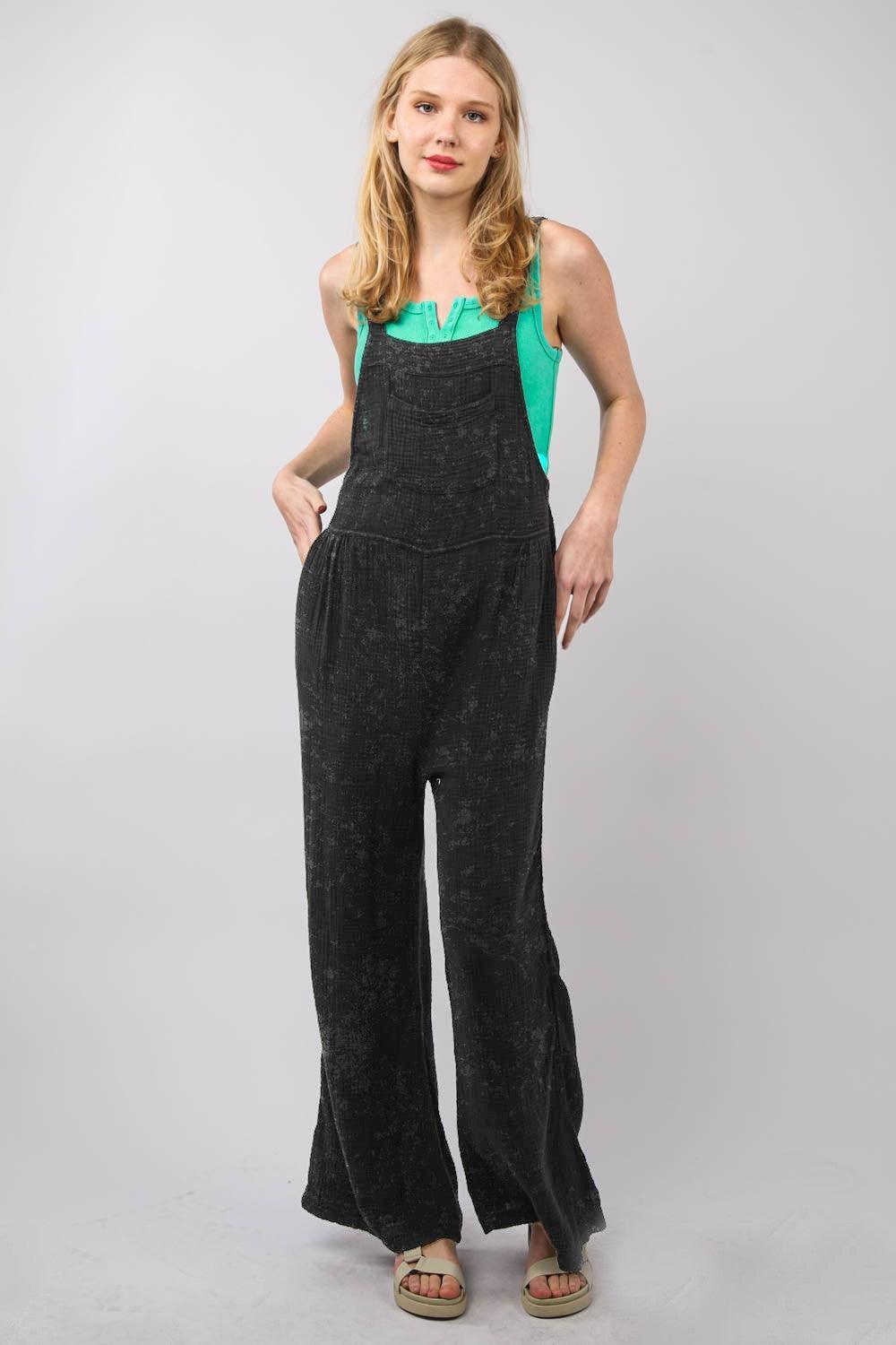 VERY J Texture Washed Wide Leg Overalls - ClubOn