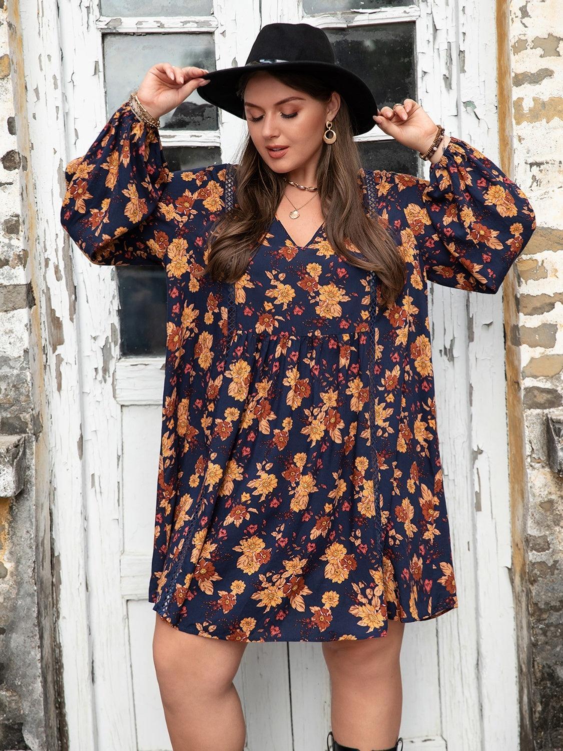 Plus Size Floral V-Neck Balloon Sleeve Dress - ClubOn