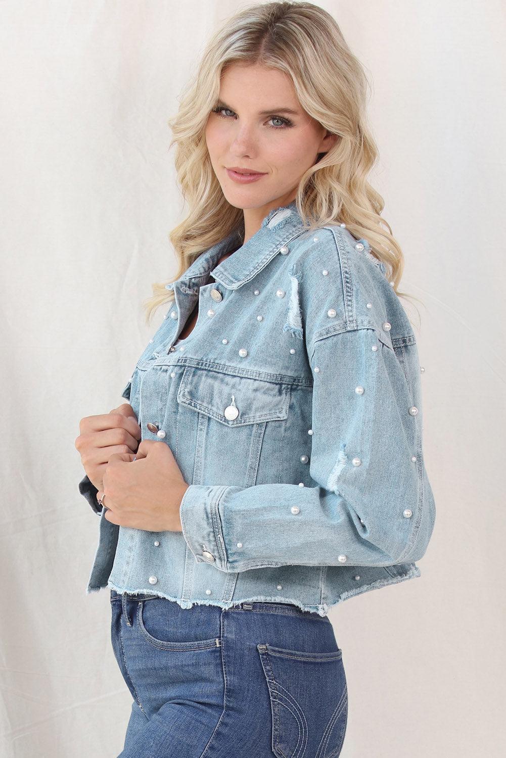 Distressed Pearl Trim Button Up Denim Jacket - ClubOn