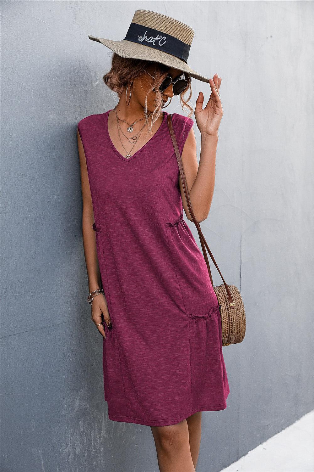 V-Neck Frill Trim Sleeveless Dress - ClubOn