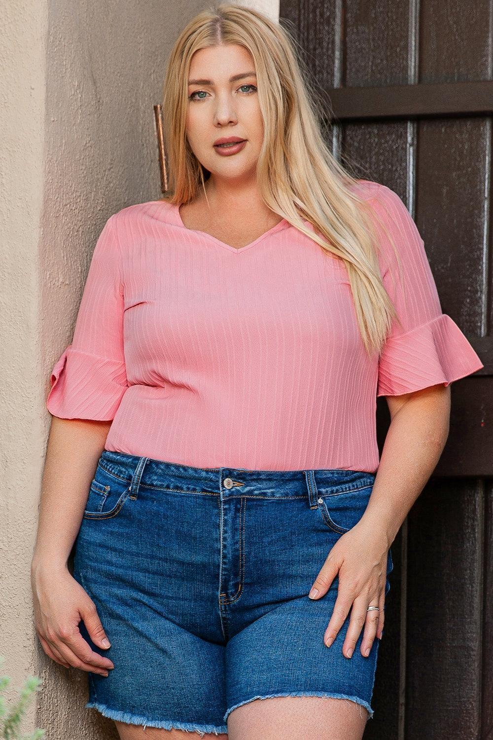 Plus Size V-Neck Half Sleeve Blouse - ClubOn