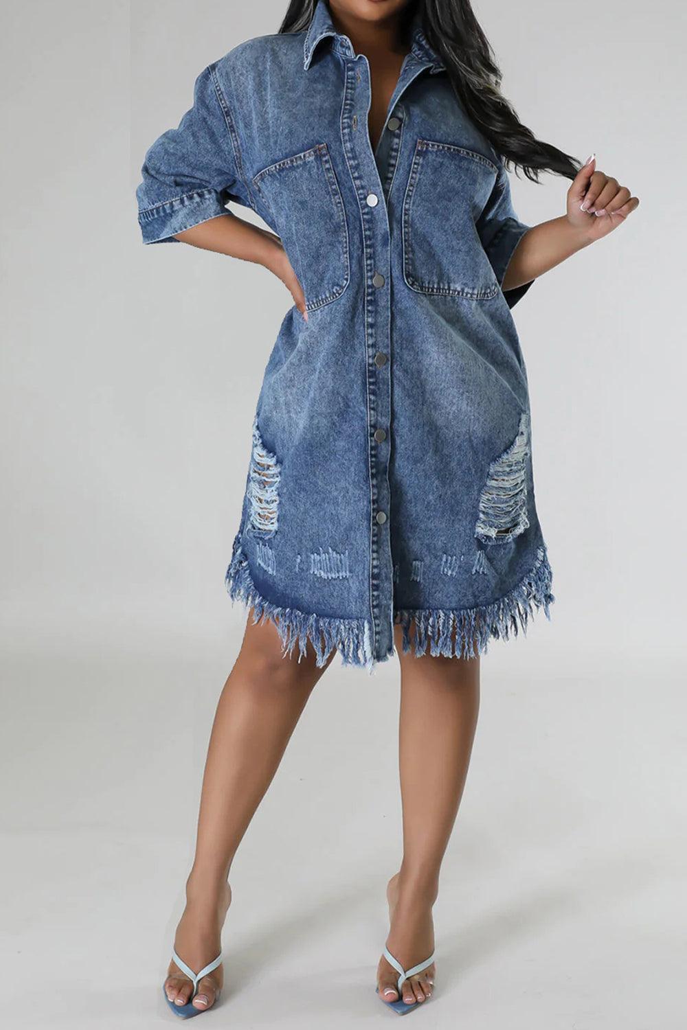 Distressed Raw Hem Button Up Denim Dress - ClubOn