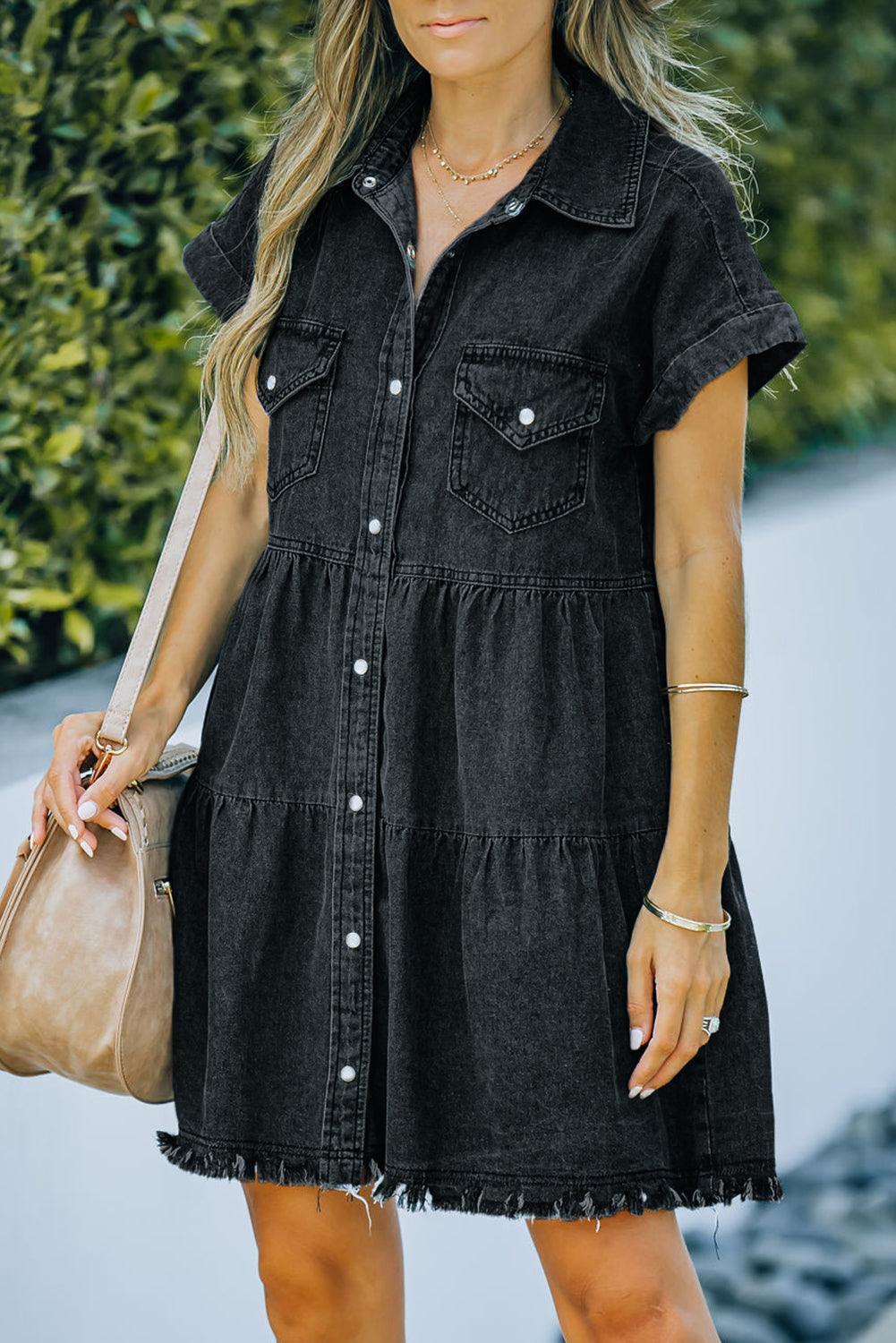Button Front Raw Hem Denim Dress - ClubOn