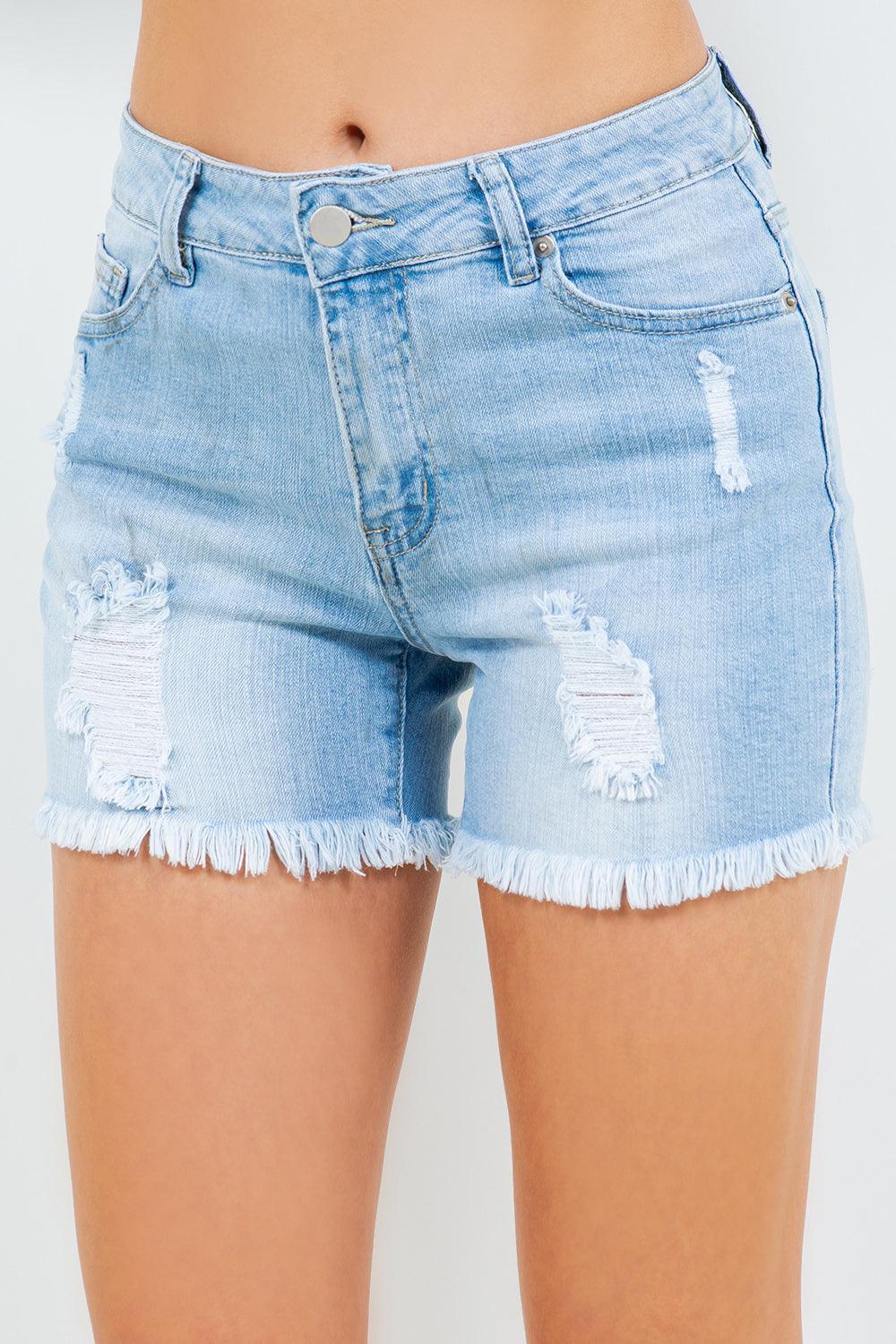 American Bazi High Waist Distressed Frayed Denim Shorts - ClubOn