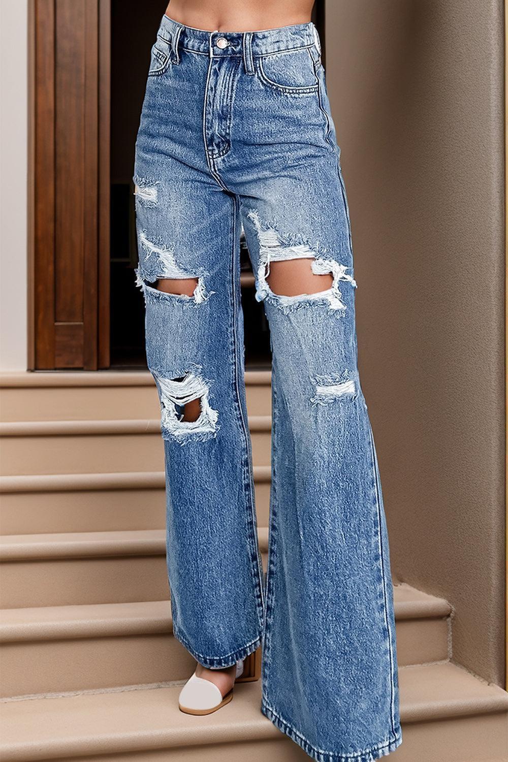 Distressed High Waist Bootcut Jeans - ClubOn