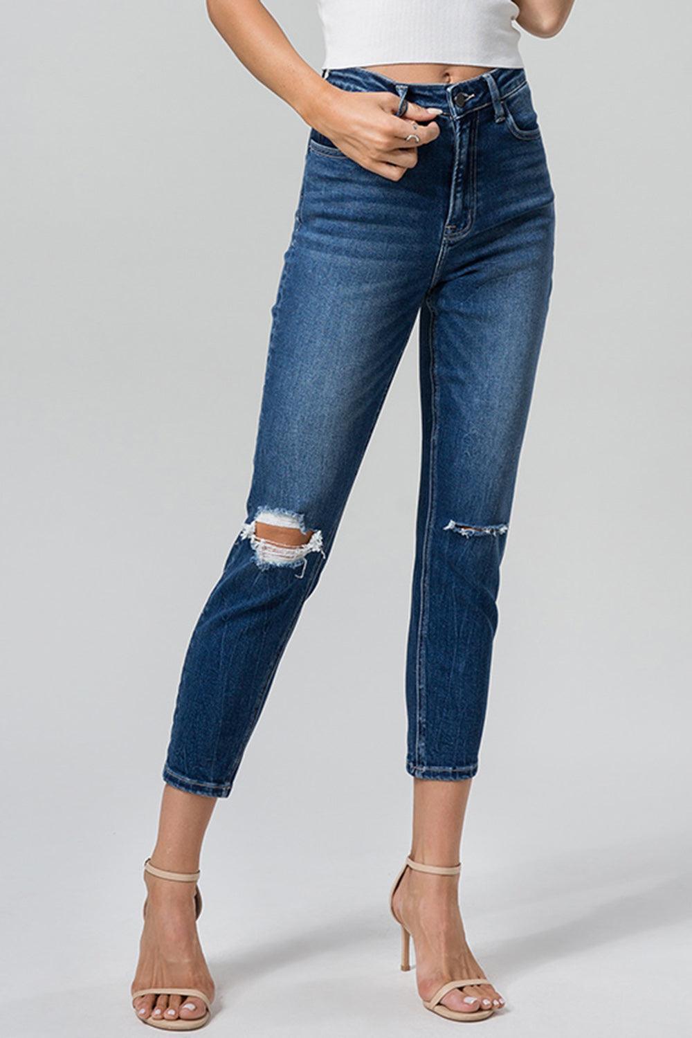 BAYEAS Full Size High Waist Distressed Washed Cropped Mom Jeans - ClubOn
