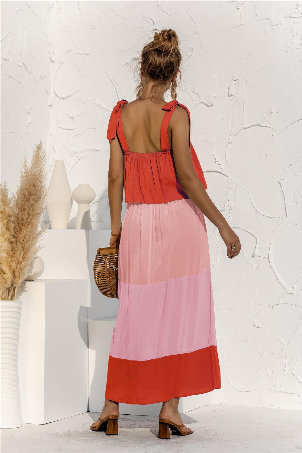 Color Block Tie Shoulder Tiered Sleeveless Dress - ClubOn