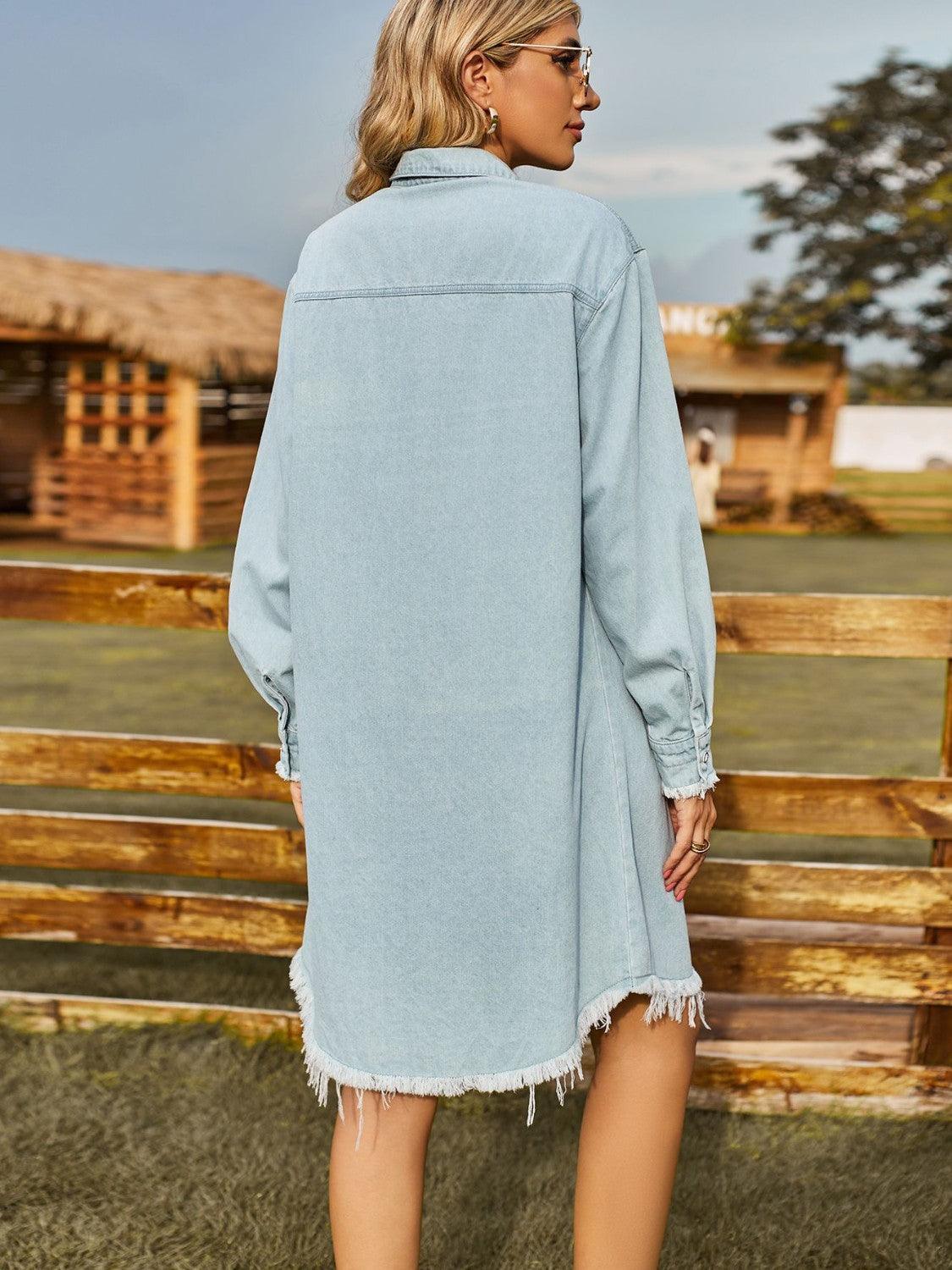 Button Up Collared Neck Raw Hem Denim Dress - ClubOn