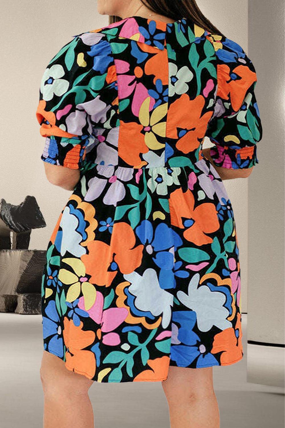 Plus Size Printed V-Neck Short Sleeve Mini Dress - ClubOn