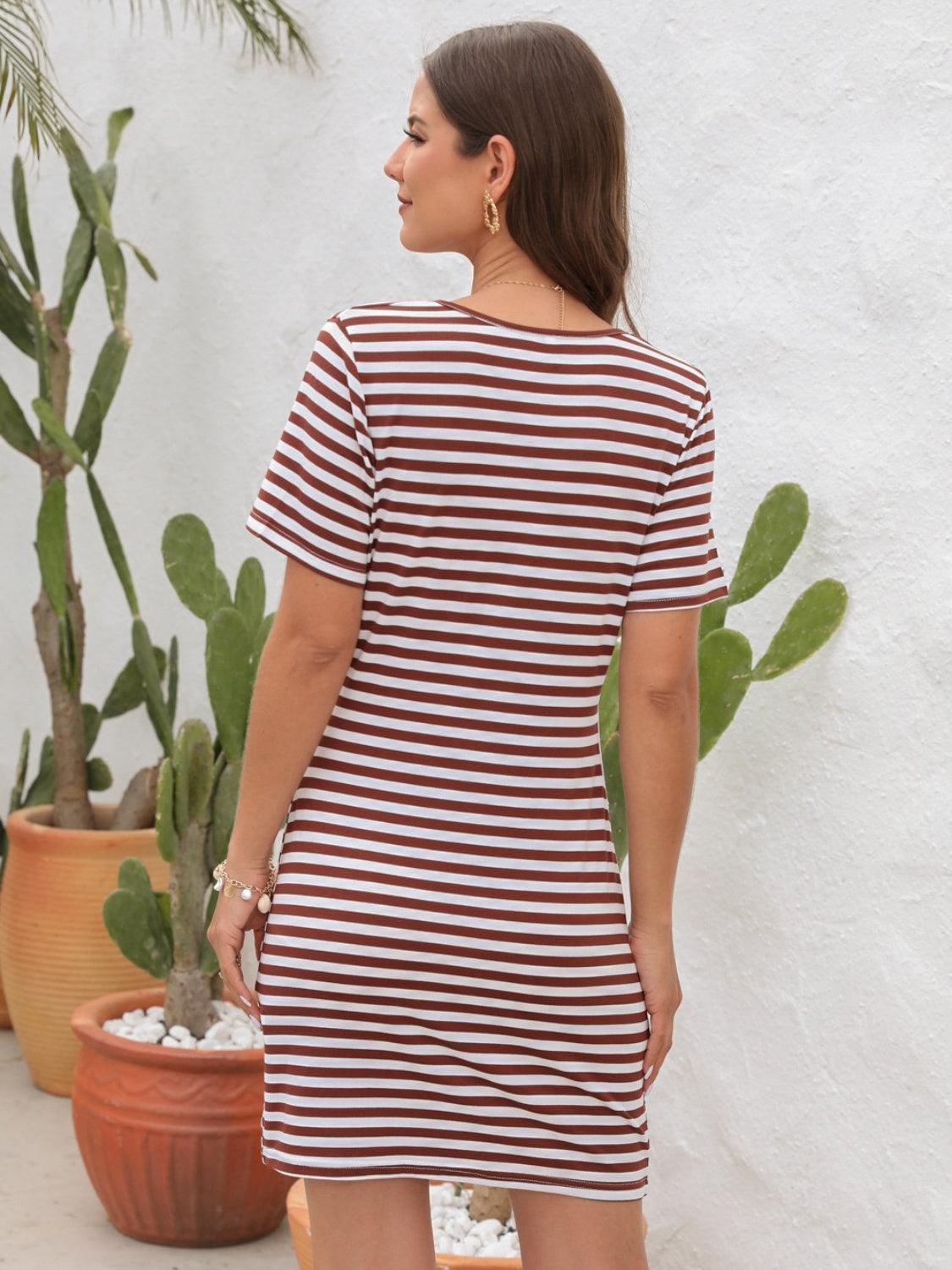 Cutout Striped Round Neck Short Sleeve Dress - ClubOn