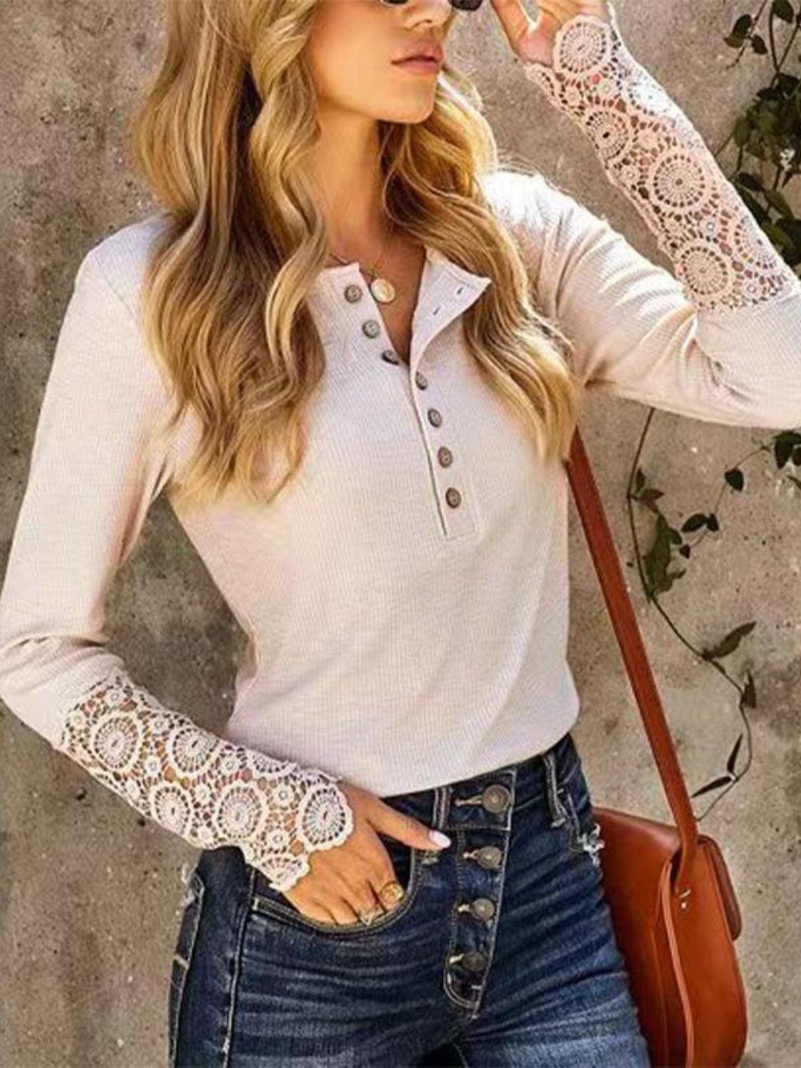 Lace Detail Half Button Round Neck Long Sleeve T-Shirt - ClubOn