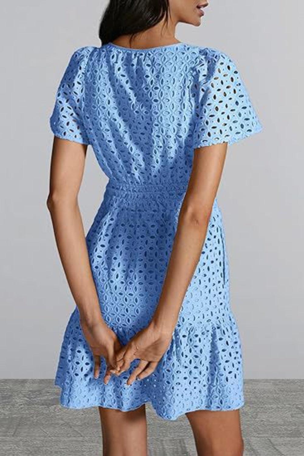 Eyelet Notched Short Sleeve Mini Dress - ClubOn