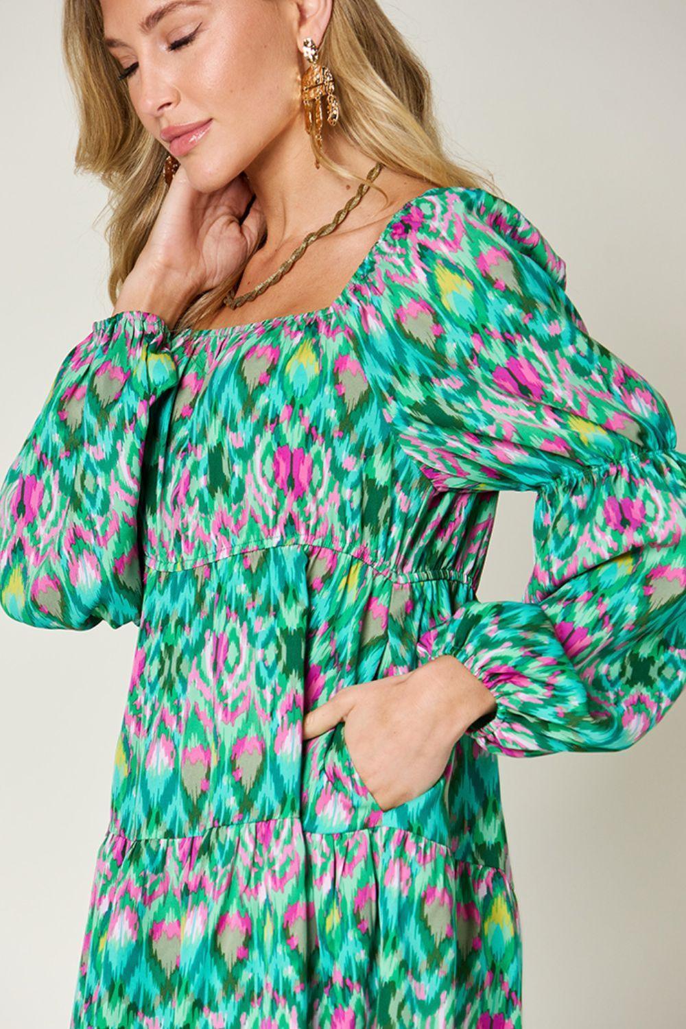 Double Take Full Size Printed Long Sleeve Dress - ClubOn