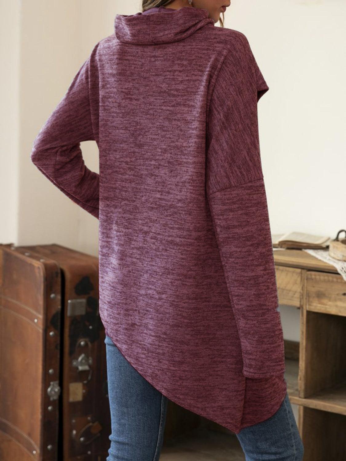 Asymmetrical Hem Cowl Neck Long Sleeve T-Shirt - ClubOn