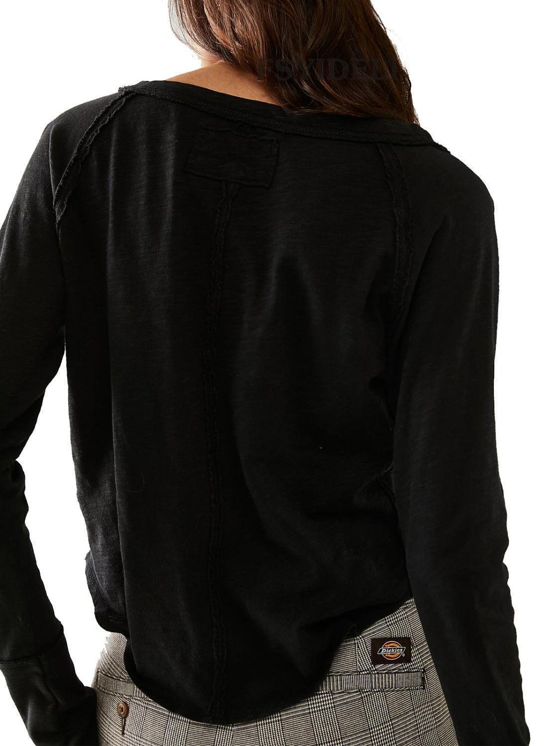 Exposed Seam Notched Long Sleeve T-Shirt - ClubOn