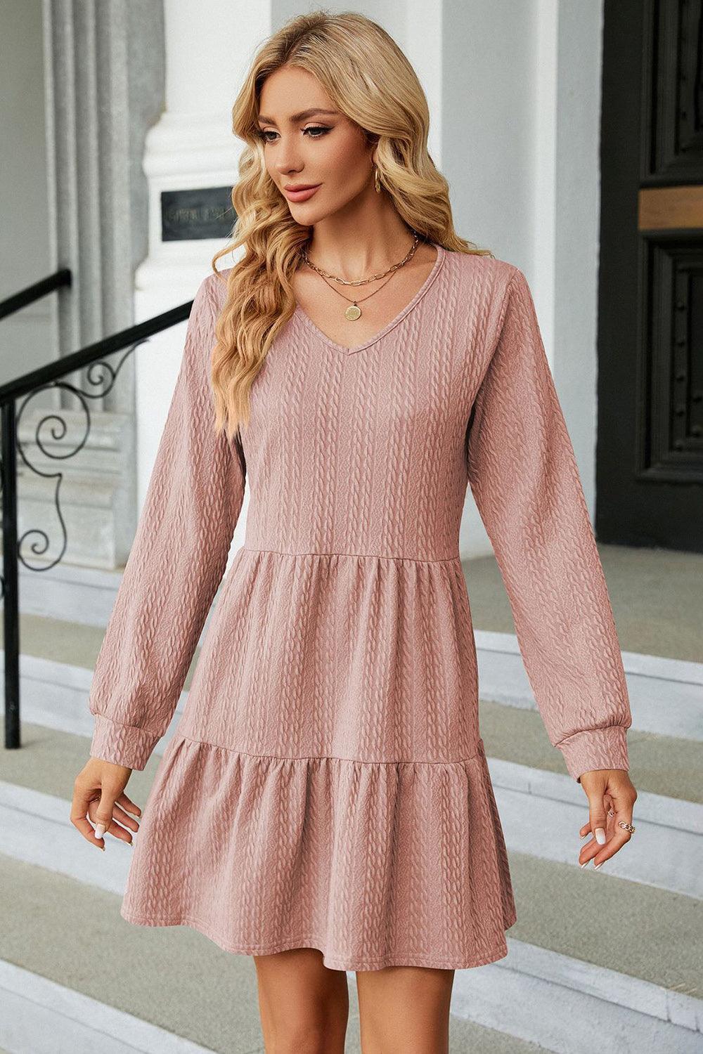 V-Neck Long Sleeve Mini Dress - ClubOn