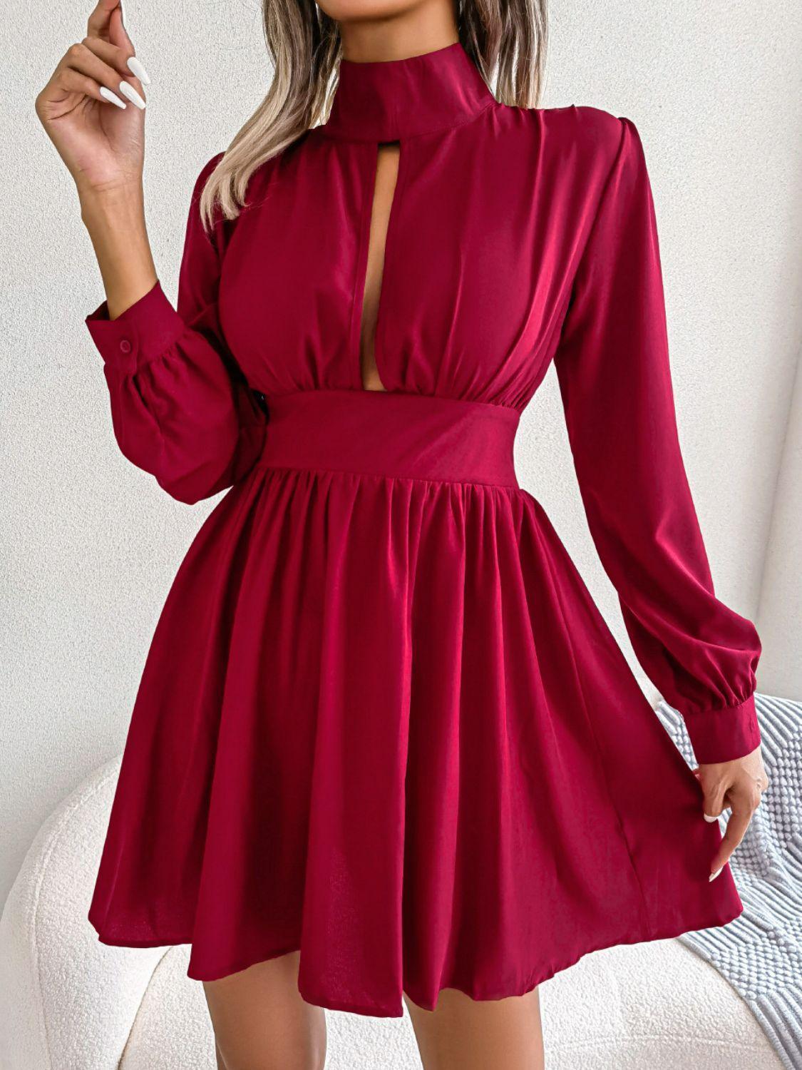 Cutout Turtleneck A-Line Mini Dress - ClubOn