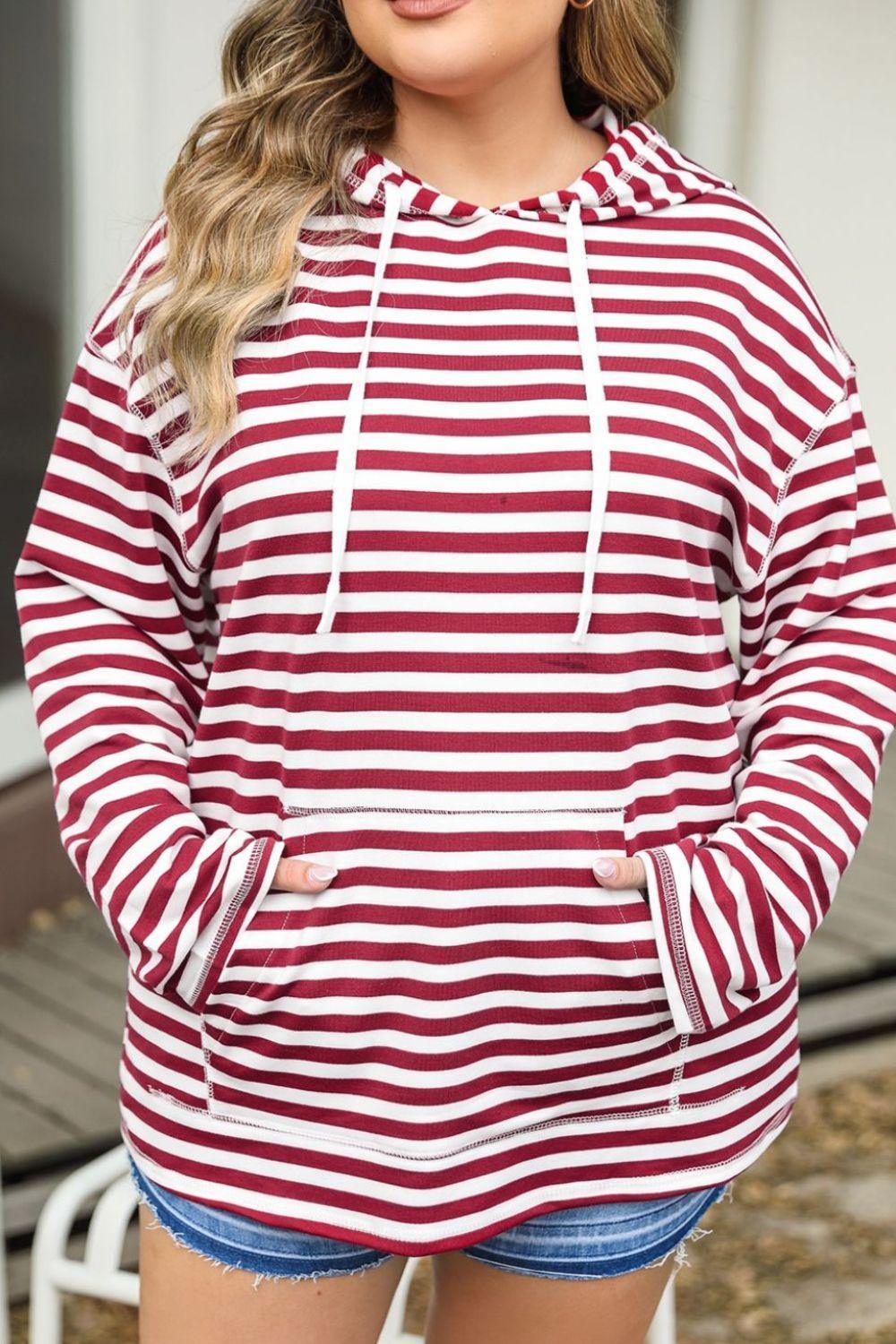 Plus Size Drawstring Striped Dropped Shoulder Hoodie - ClubOn