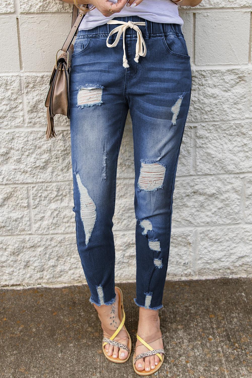 Drawstring Distressed Raw Hem Jeans with Pockets - ClubOn