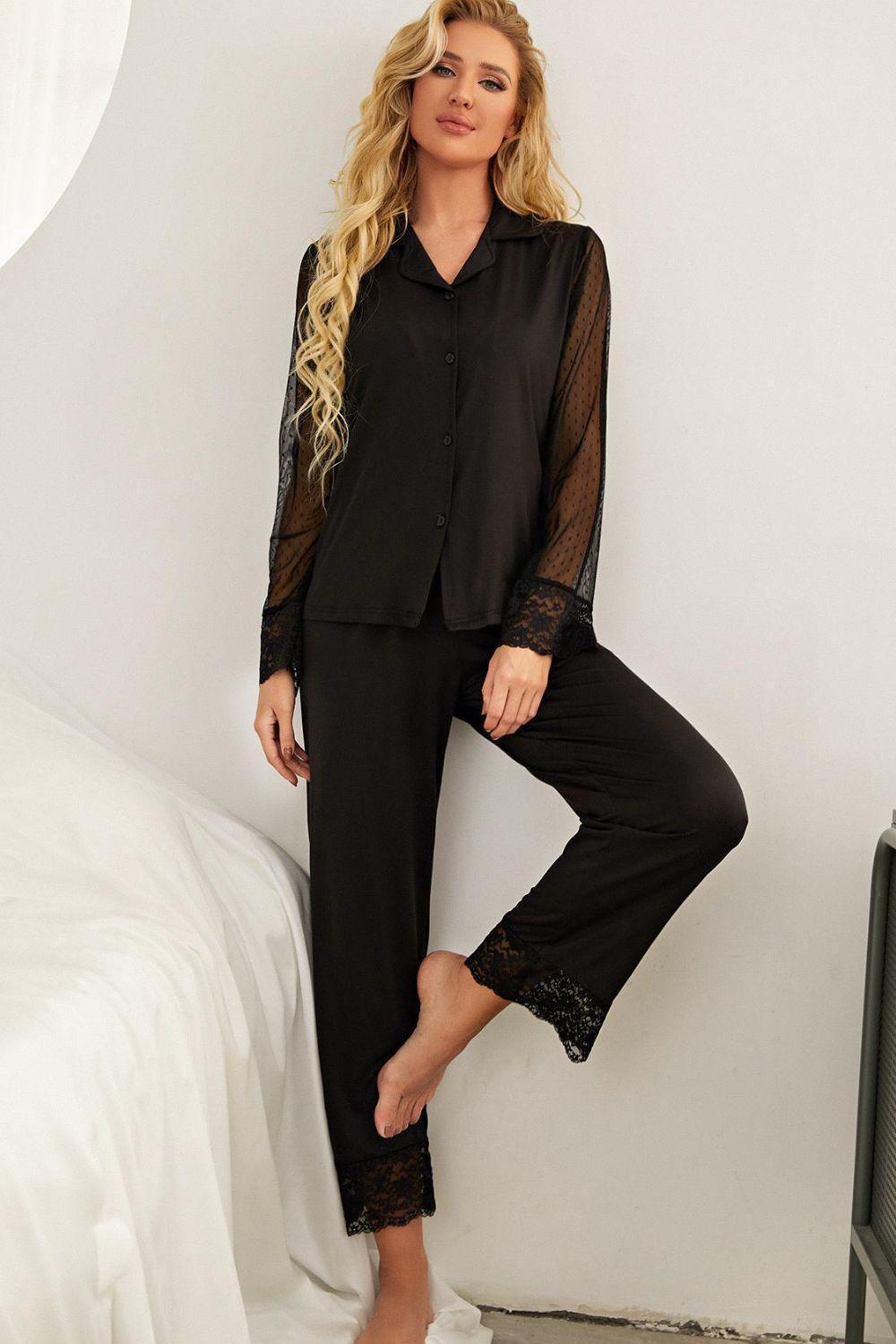 Spliced Lace Lapel Collar Pajama Set - ClubOn