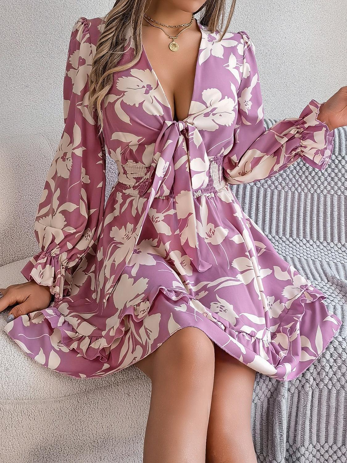 Tied Ruffled Printed Long Sleeve Dress - ClubOn