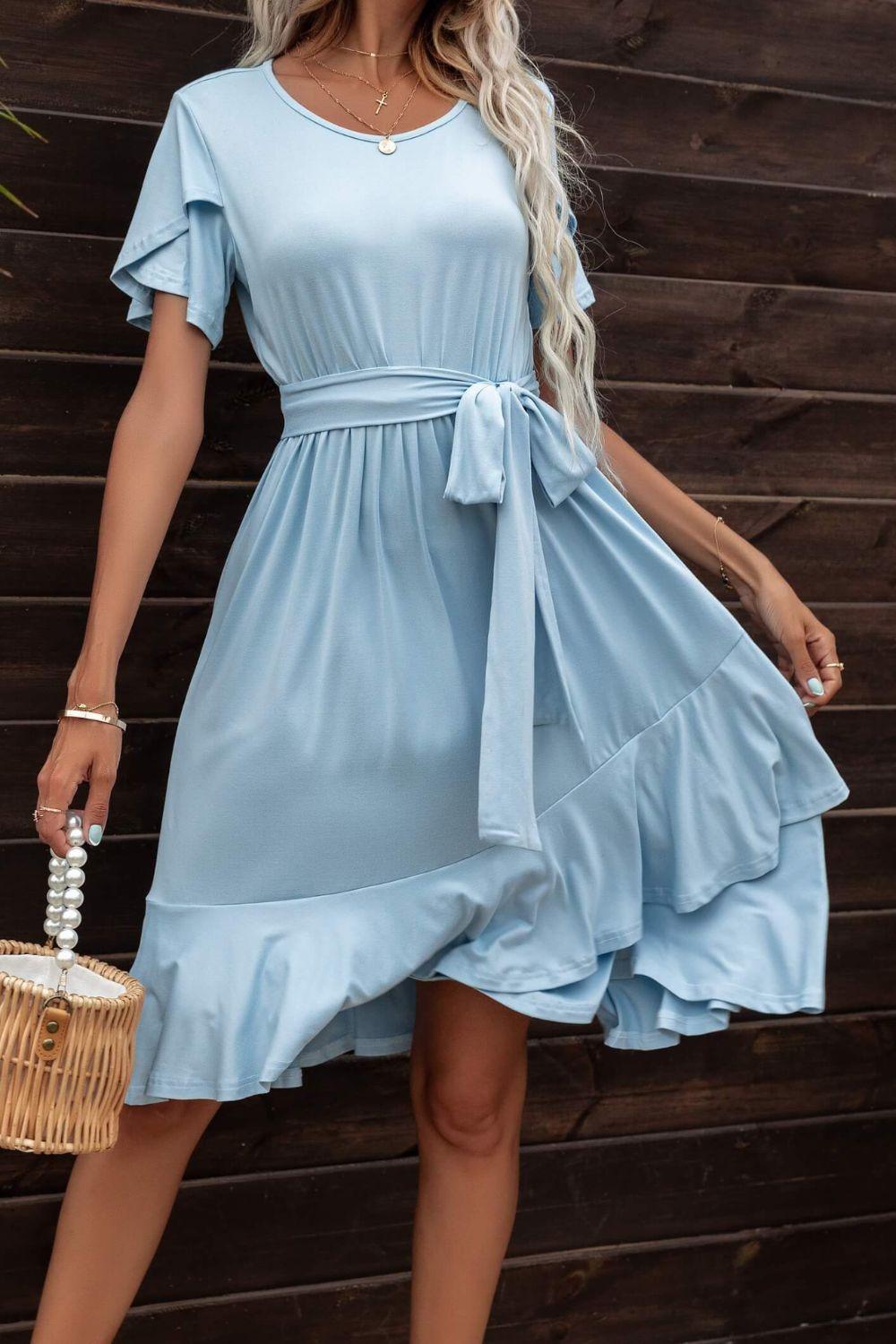 Tie Waist Petal Sleeve Ruffle Hem Dress - ClubOn