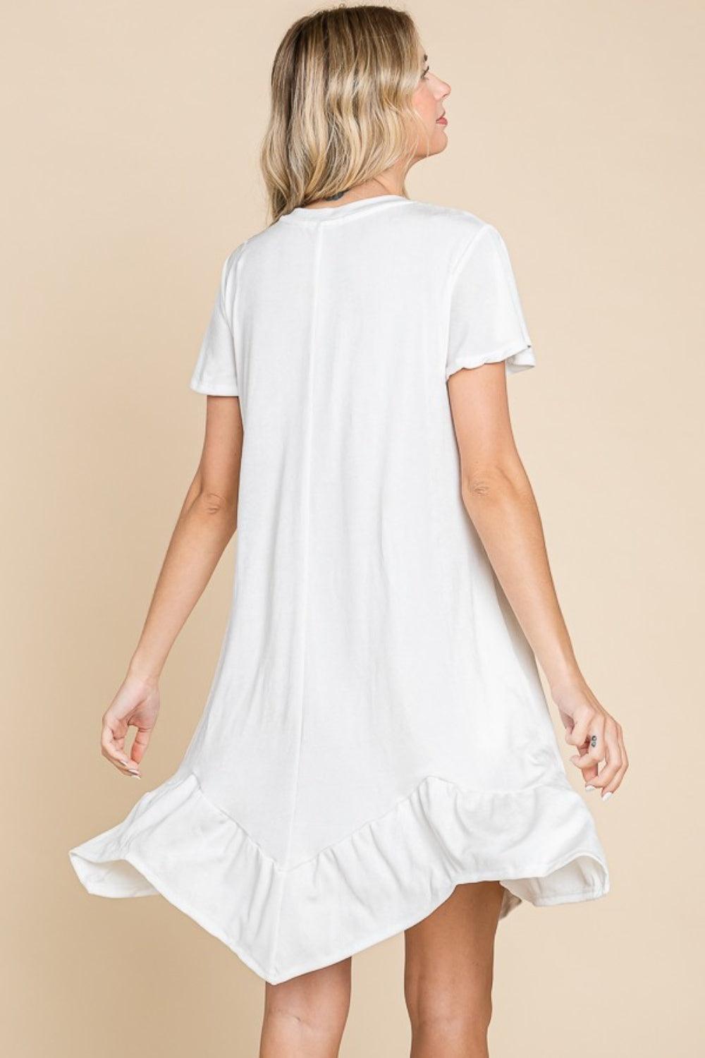Culture Code Full Size Short Sleeve Ruffled Asymmetric Hem Dress - ClubOn
