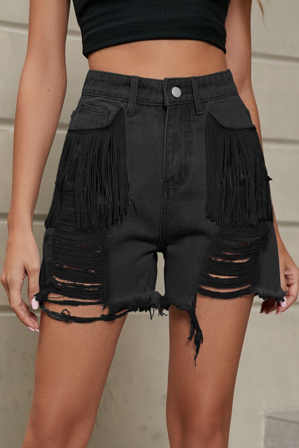 Fringe Trim Distressed Denim Shorts with Pockets - ClubOn