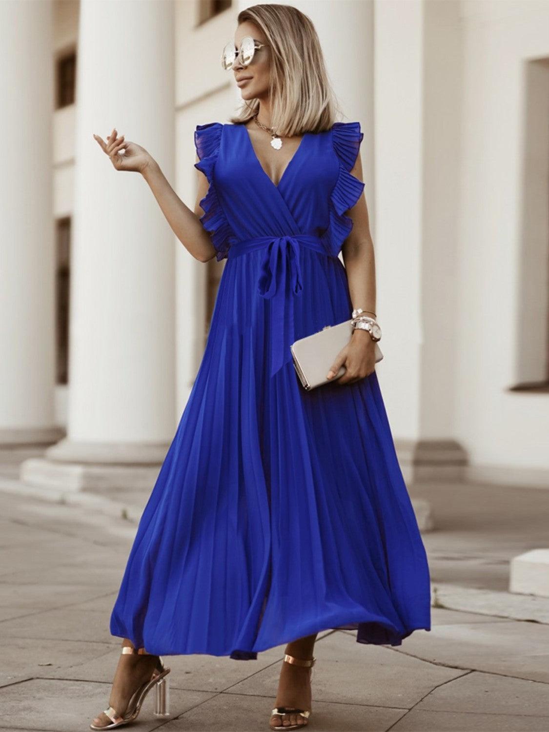 Tied Surplice Cap Sleeve Pleated Dress - ClubOn