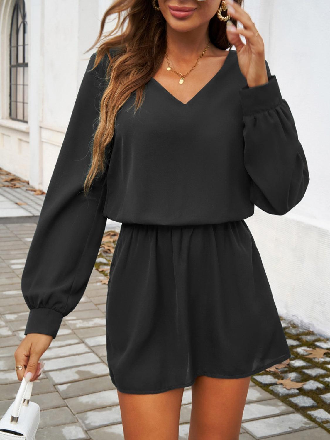 Devine Cutout V-Neck Long Sleeve Mini Dress - ClubOn