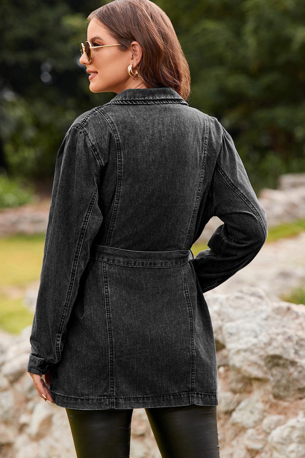 Tied Collared Neck Denim Jacket - ClubOn