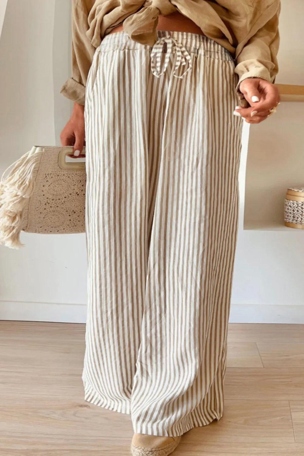 Plus Size Striped Wide Leg Pants - ClubOn