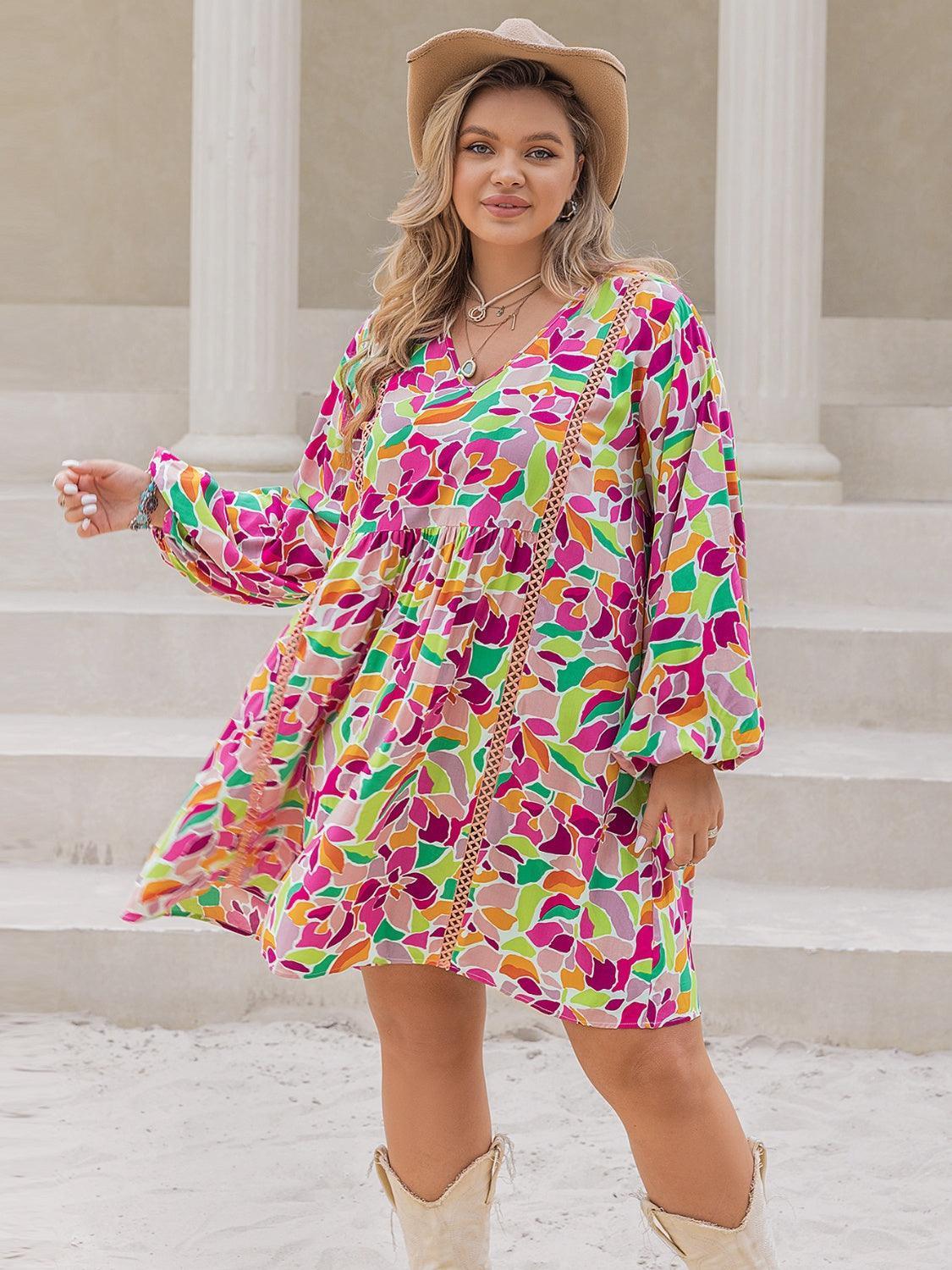 Plus Size Printed V-Neck Balloon Sleeve Mini Dress - ClubOn