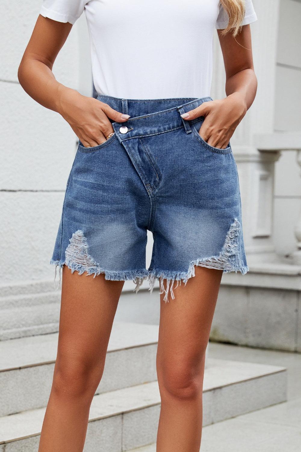 Distressed Raw Hem Asymmetric Waist Denim Shorts - ClubOn