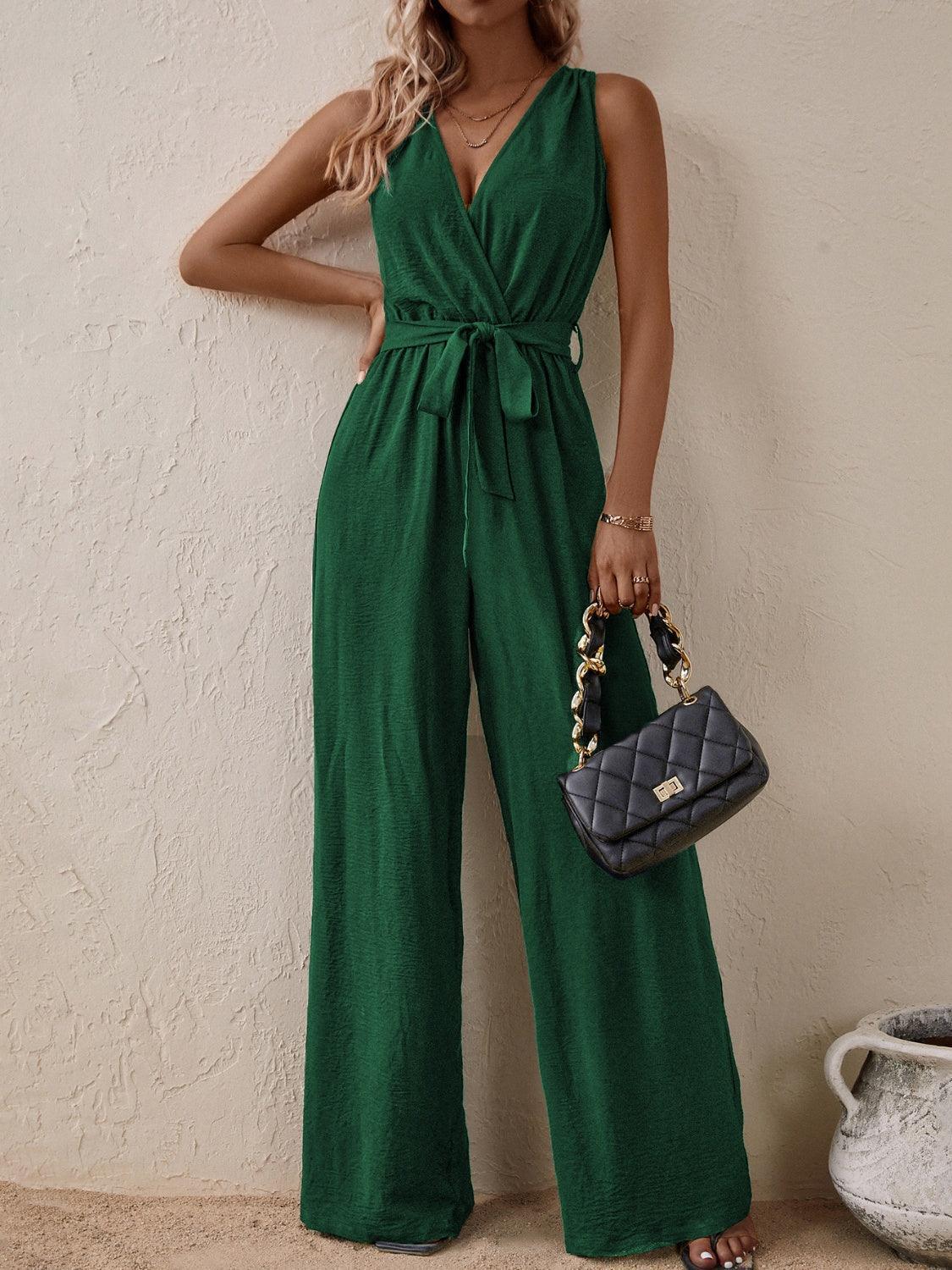 Honey Tied Surplice Sleeveless Wide Leg Jumpsuit - ClubOn