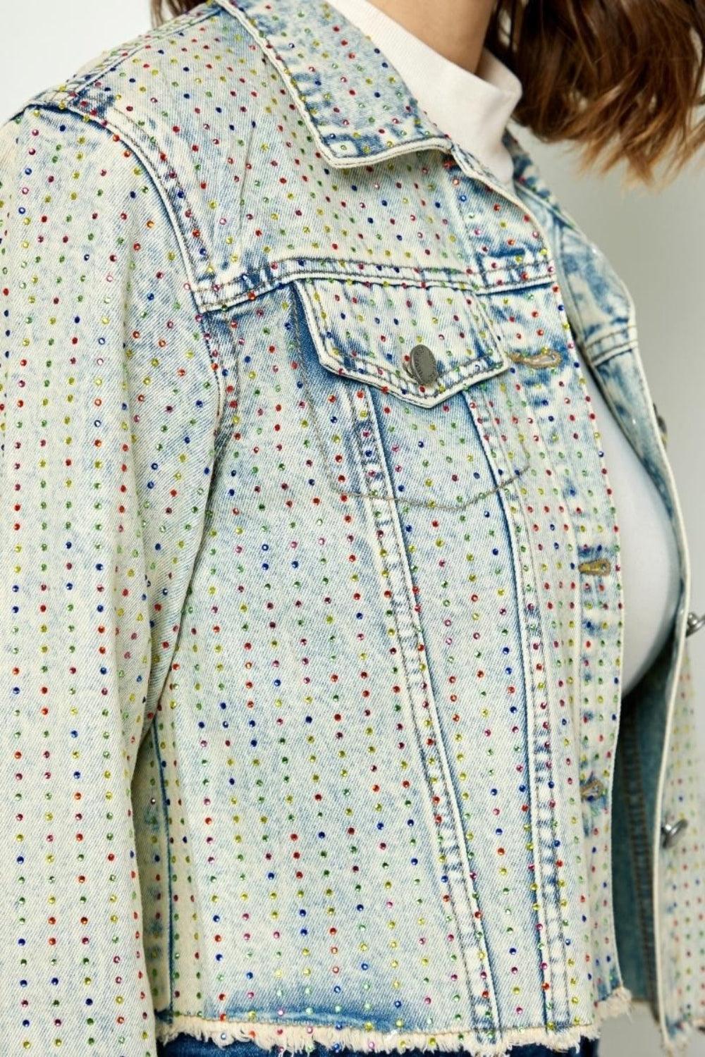 Veveret Multi Color Stripe Rhinestone Raw Hem Denim Jacket - ClubOn